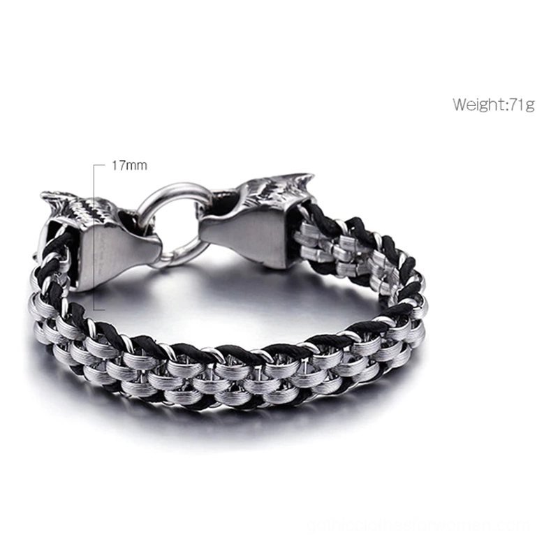 Wolf head stainless steel leather bracelet product shot showing 17mm width and 71g weight specifications