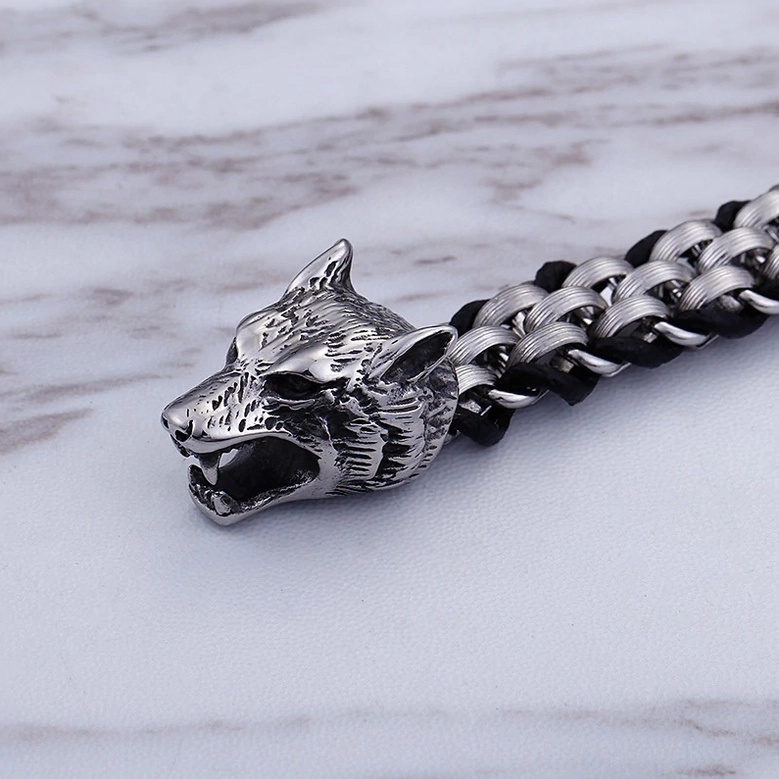 Gothic wolf head bracelet worn style guide showing how to layer and style with alternative fashion outfits