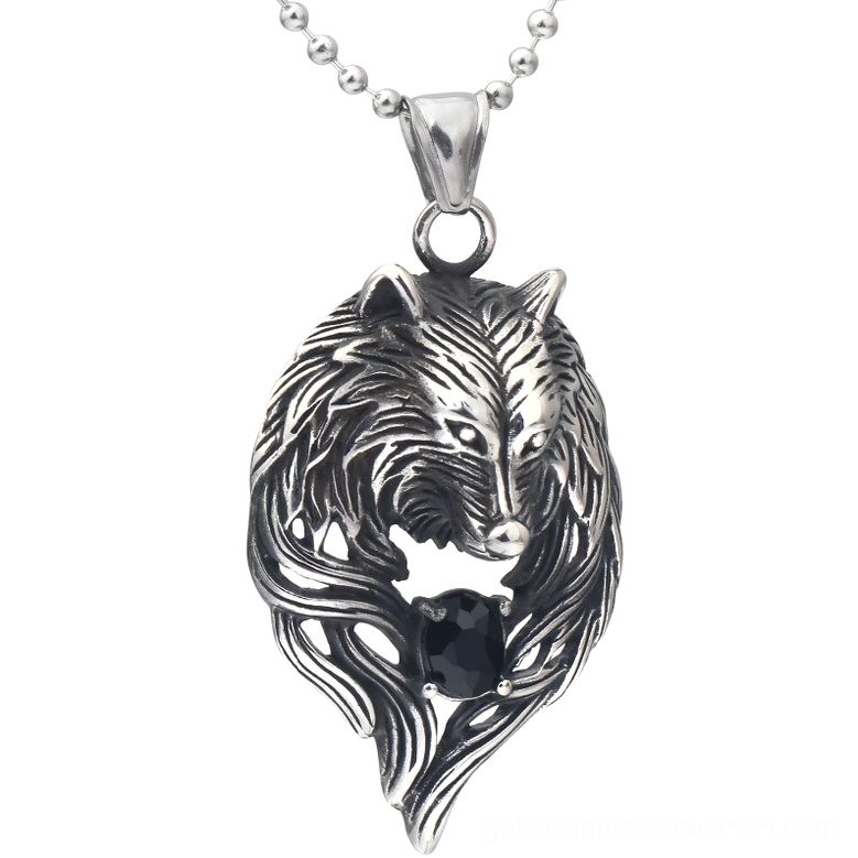 Gothic wolf head pendant necklace with black crystal inlay, front overhead view on white studio background