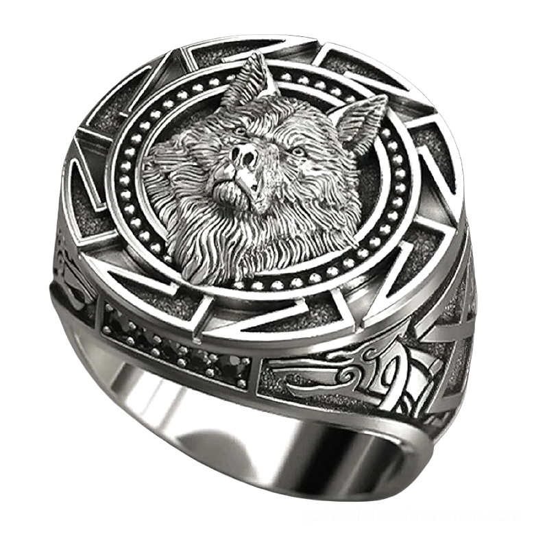 Gothic wolf head signet ring front oblique view antique silver finish celtic geometric patterns embossed design