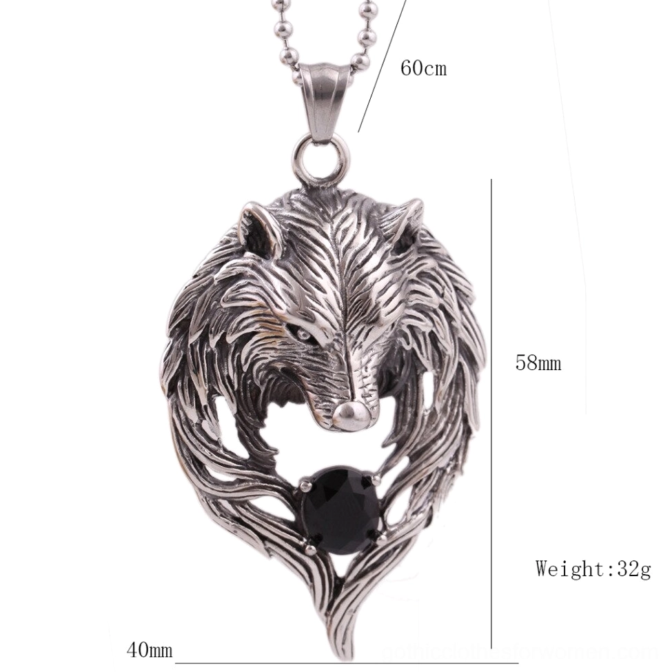 Gothic wolf head necklace pendant with black crystal on stainless steel ball bead chain, styled presentation view