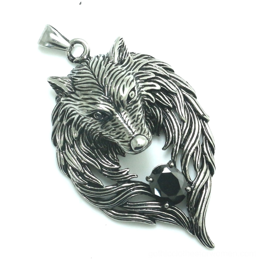 Antiqued stainless steel wolf head necklace three-quarter view showing textured flowing mane and black crystal detail