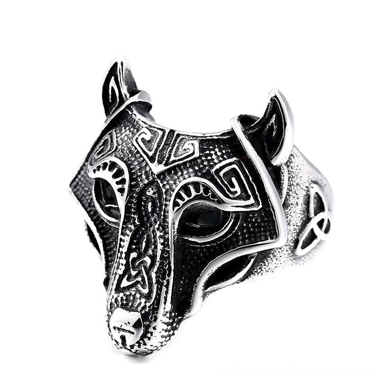 Nordic wolf head gothic ring with Celtic knot engraving - antique silver stainless steel statement jewelry for men and women
