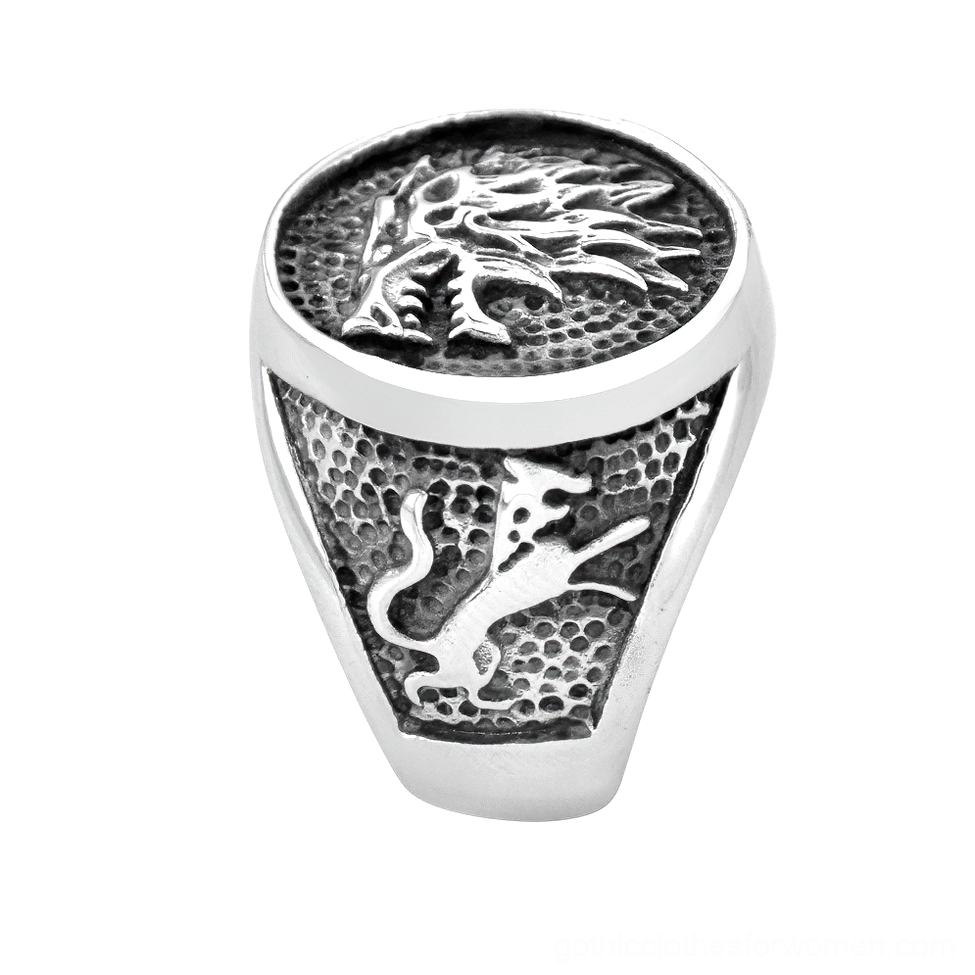 Gothic wolf stainless steel signet ring with feline motif top front view hammered texture