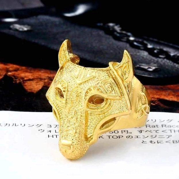 Gold-toned wolf gothic ring with full metal construction - alternative luxury statement jewelry design
