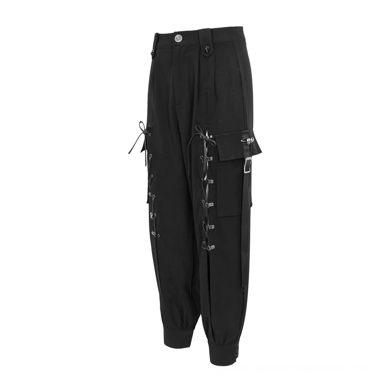 Women's gothic cargo jogger pants flat lay front view displaying side cargo pockets lace-up trim accents and cropped tapered hem silhouette