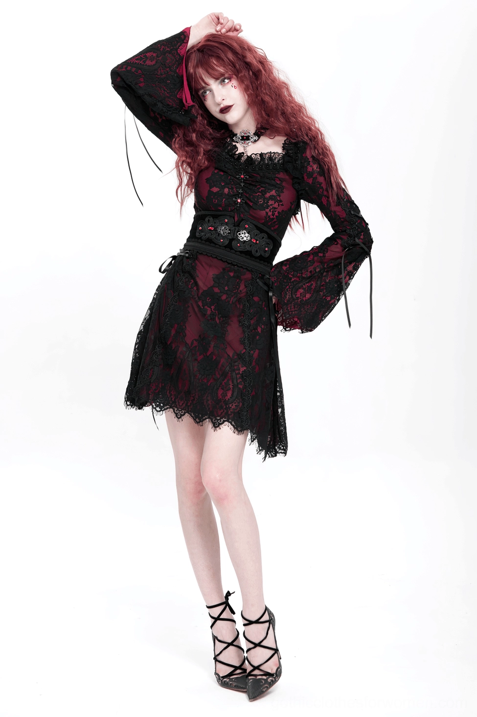 Gothic women's lace mini dress three-quarter angle showing overall garment proportions and design balance
