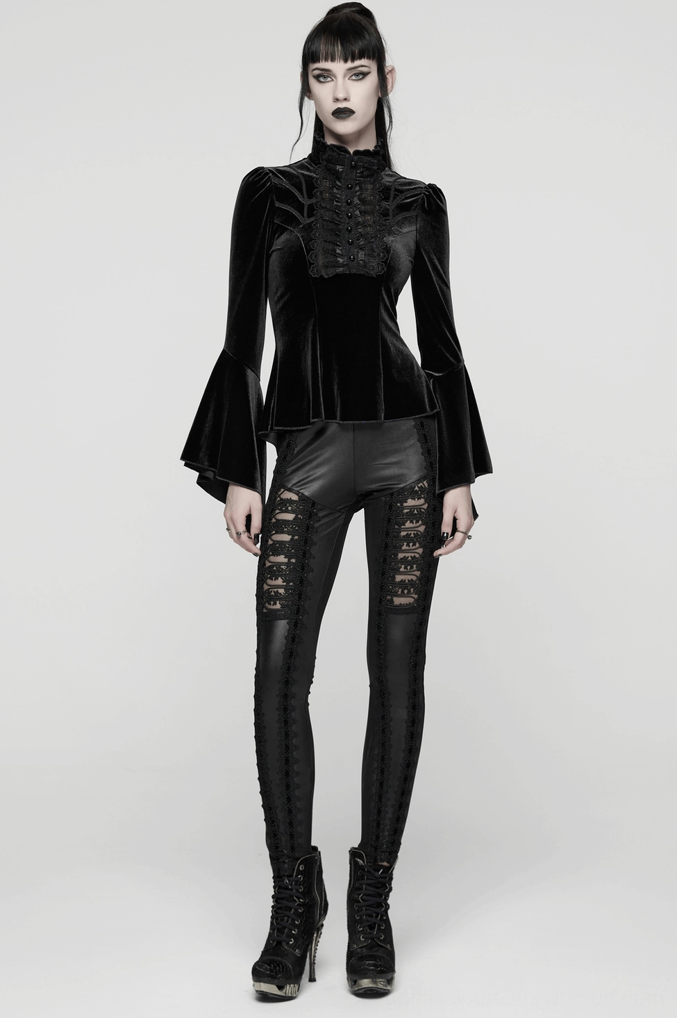 Gothic women's velvet top complete outfit view showing ruffled collar elegance, lace-up back system, and bell sleeve drama