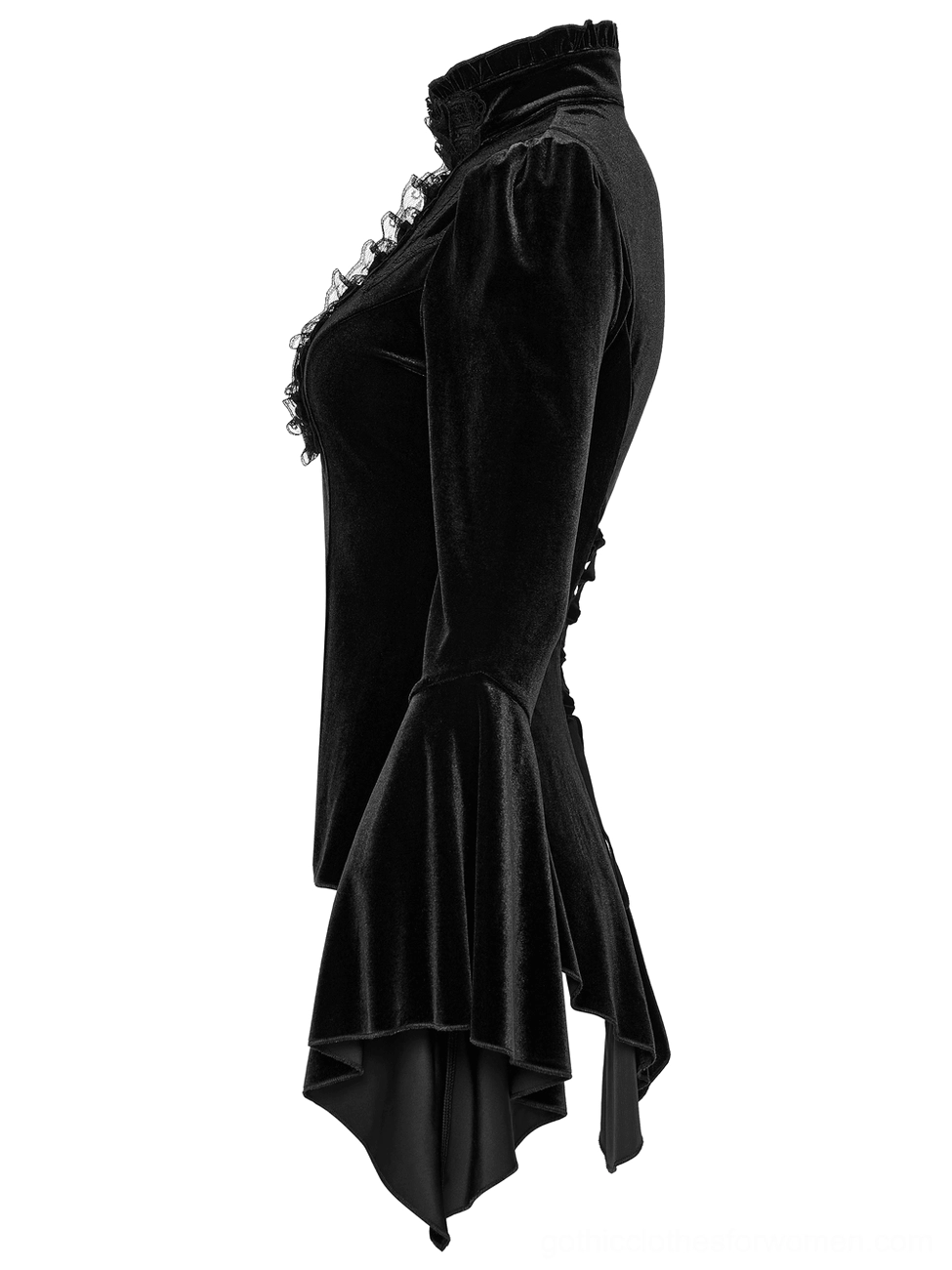 Gothic women's velvet top side view showing structured puff shoulders, ruffled high neckline, and flared bell sleeve construction