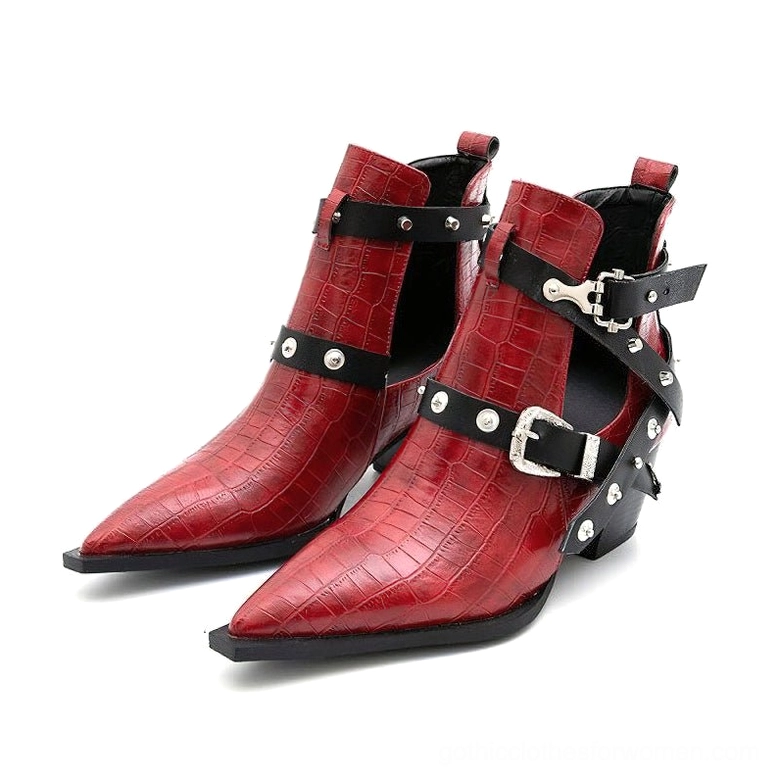 Gothic women's chunky heel ankle boots with metal buckles and rivets fashion aesthetic display