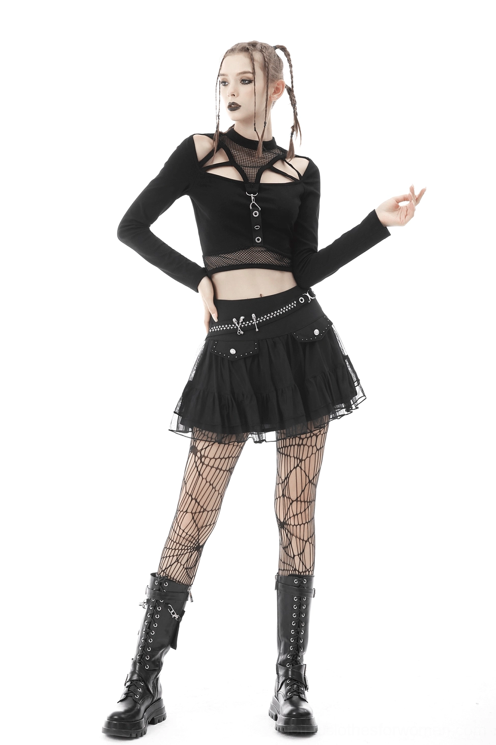 Gothic women's mini skirt with pleated design and skull-adorned waist chain, complete style view