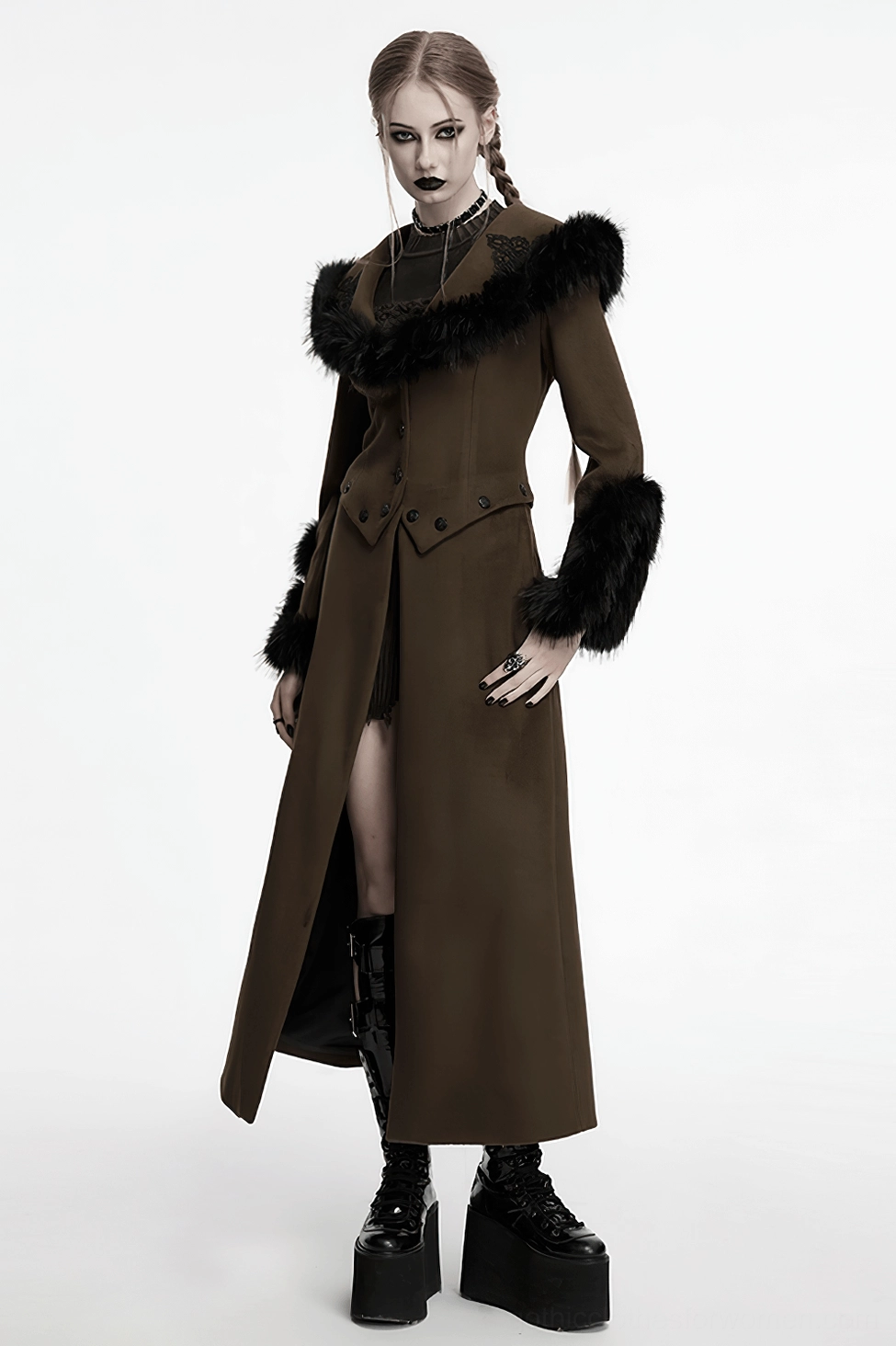Back view of lace-up corset system on gothic long coat showing adjustable rope fastening