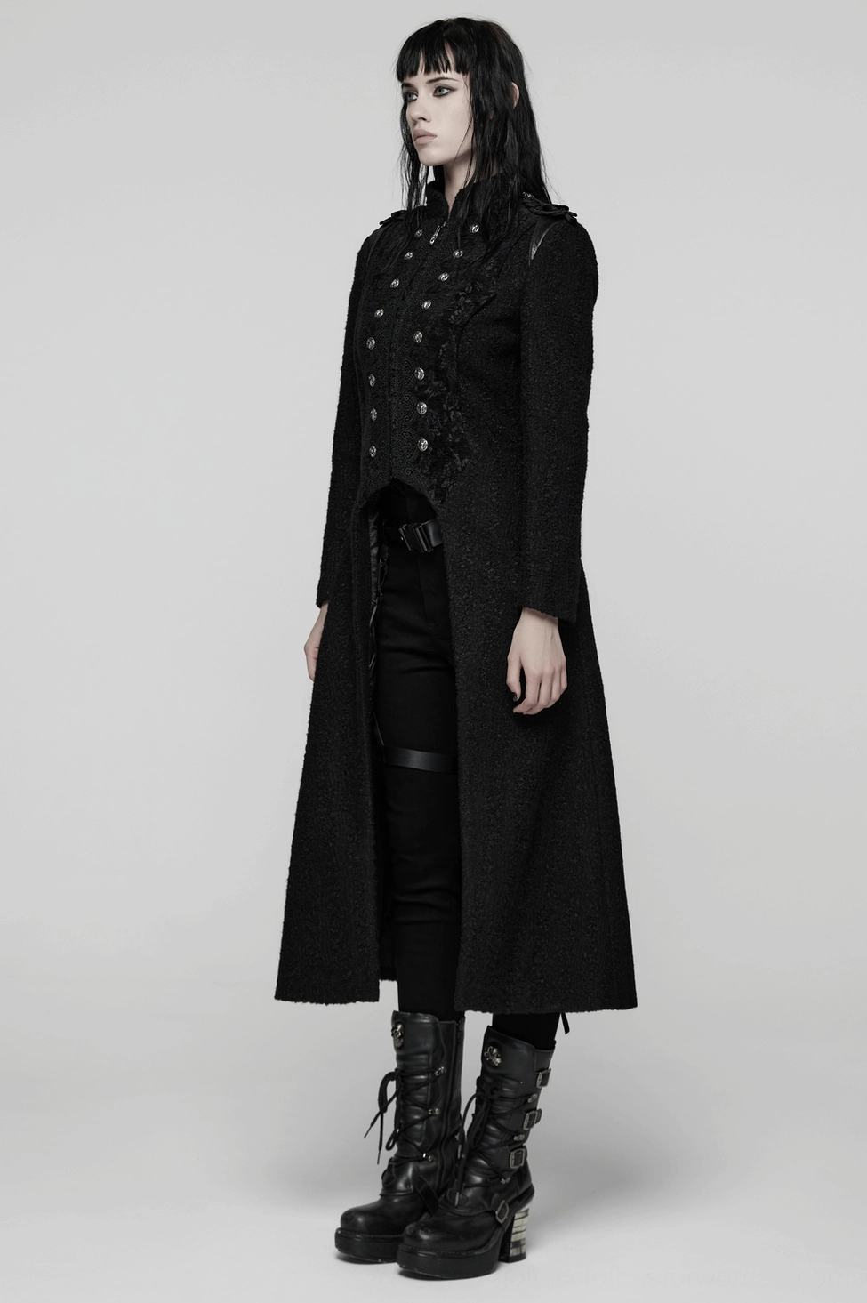 Black gothic wool coat styling detail showing how the dramatic A-line hem creates movement and presence, perfect for gothic fashion and alternative wear