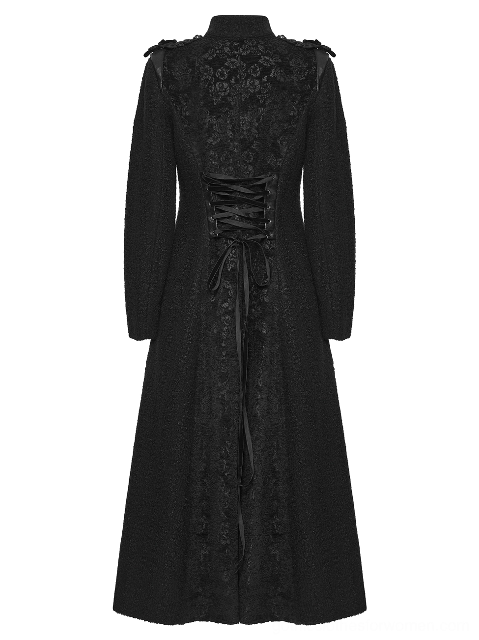Black gothic wool coat rear flat lay view displaying back lace-up corset design with ribbon ties and decorative floral jacquard embroidery pattern