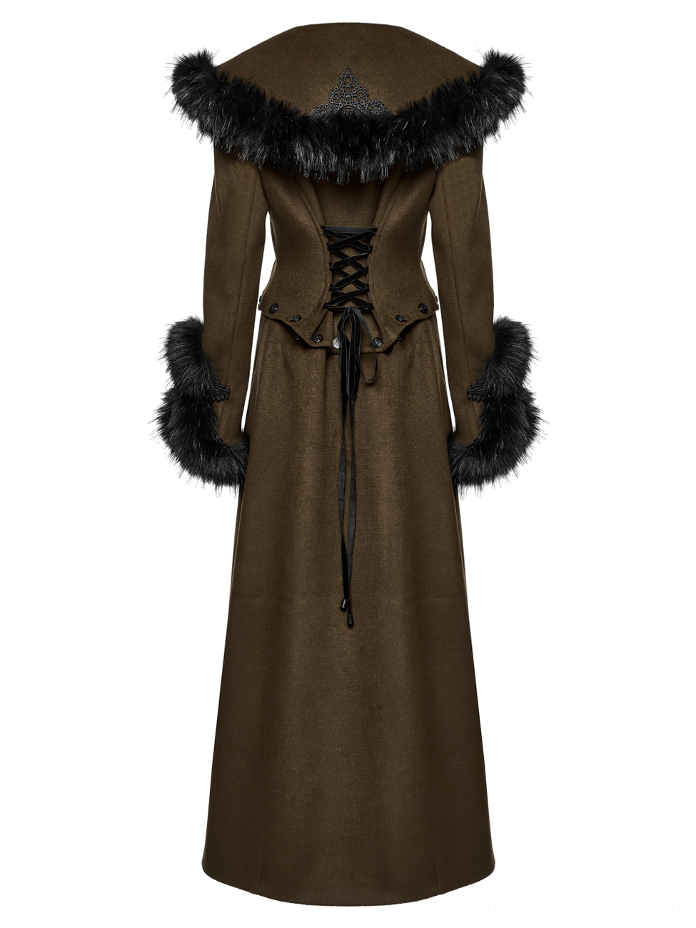 Back flat lay of gothic wool long coat showing lace-up corset back and faux fur trim details