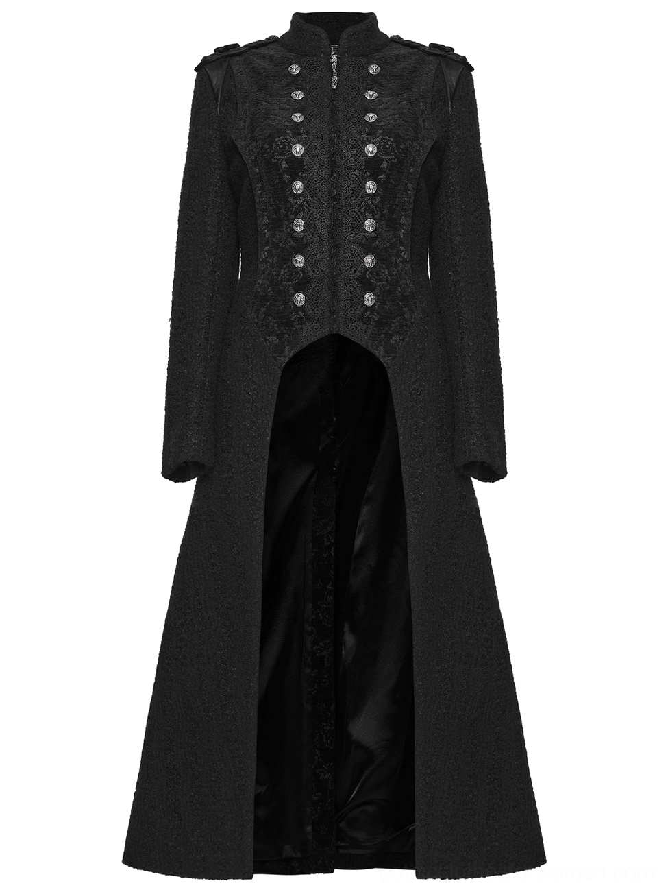 Black gothic wool coat flat lay front view highlighting stand collar, double-breasted ornamental metal button closure, and precision tailoring