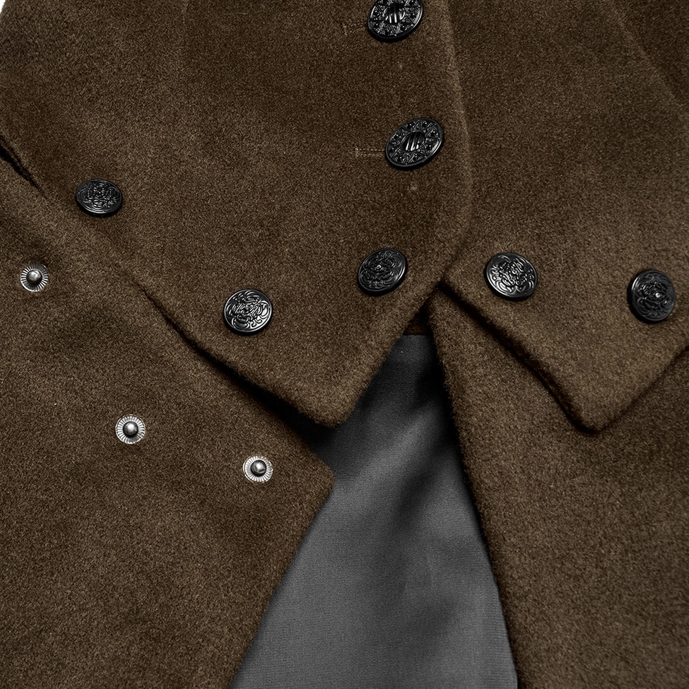 Detailed view of gothic embroidery and faux fur collar trim on wool coat neckline