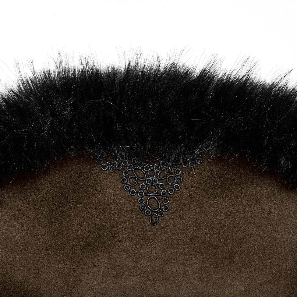 Close-up detail shot of faux fur cuff embellishment on gothic wool coat sleeve