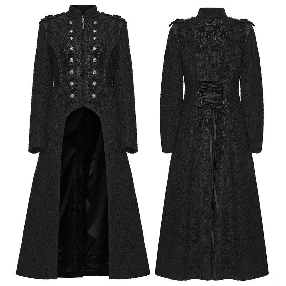 Black gothic double-breasted wool coat flat lay front view, displaying split hem detail and satin lining interior, showcasing sculptural silhouette