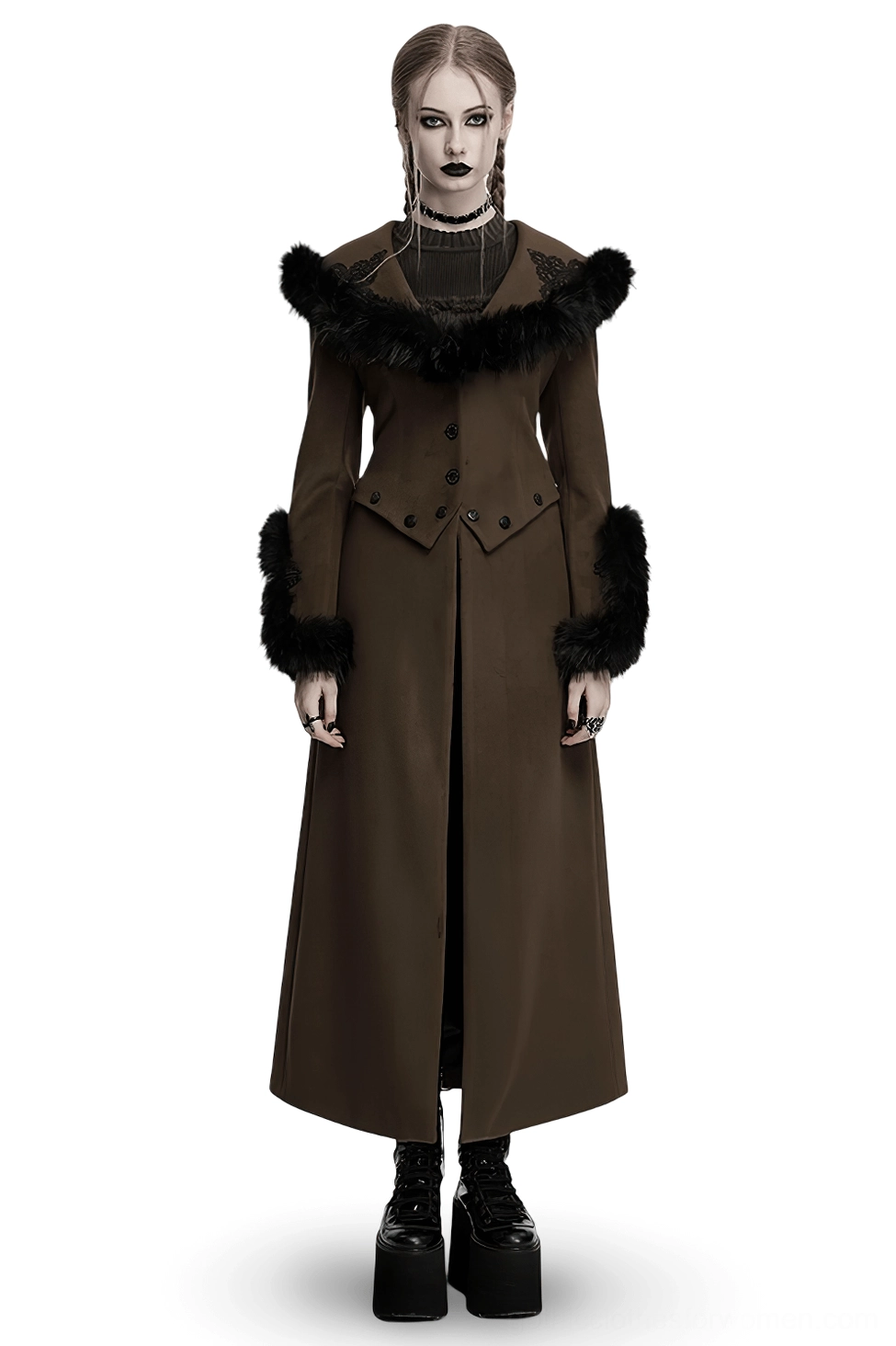 Front view of black and coffee gothic detachable two-piece wool coat with faux fur collar on female model