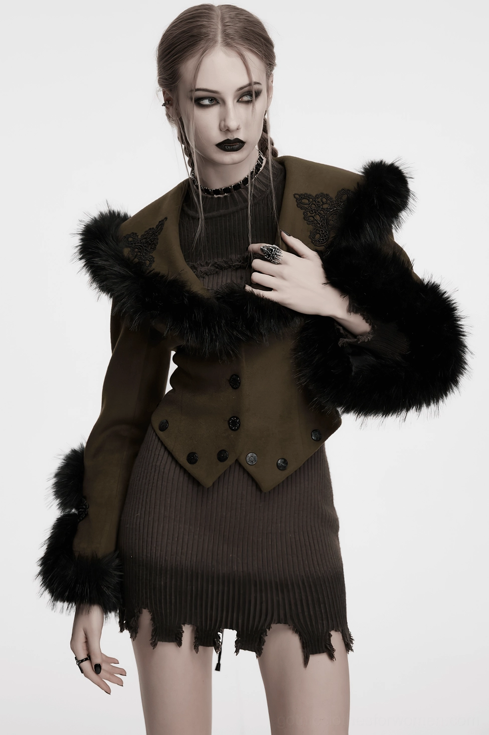 Three-angle display of detachable gothic coat components showing modular two-piece construction