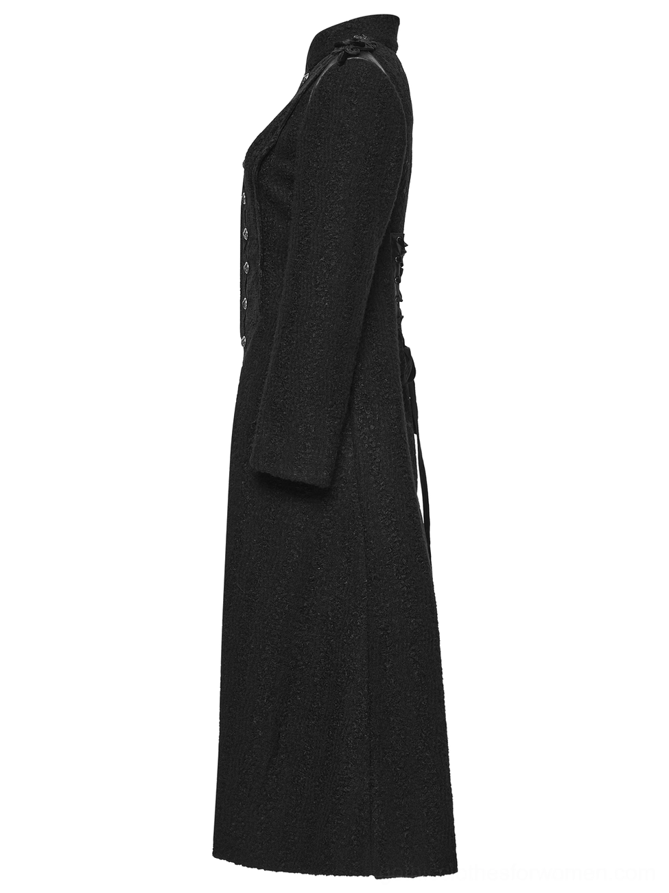 Black gothic wool coat side flat lay view showing slim tailored silhouette, long fitted sleeves, and premium fuzzy wool fabric texture