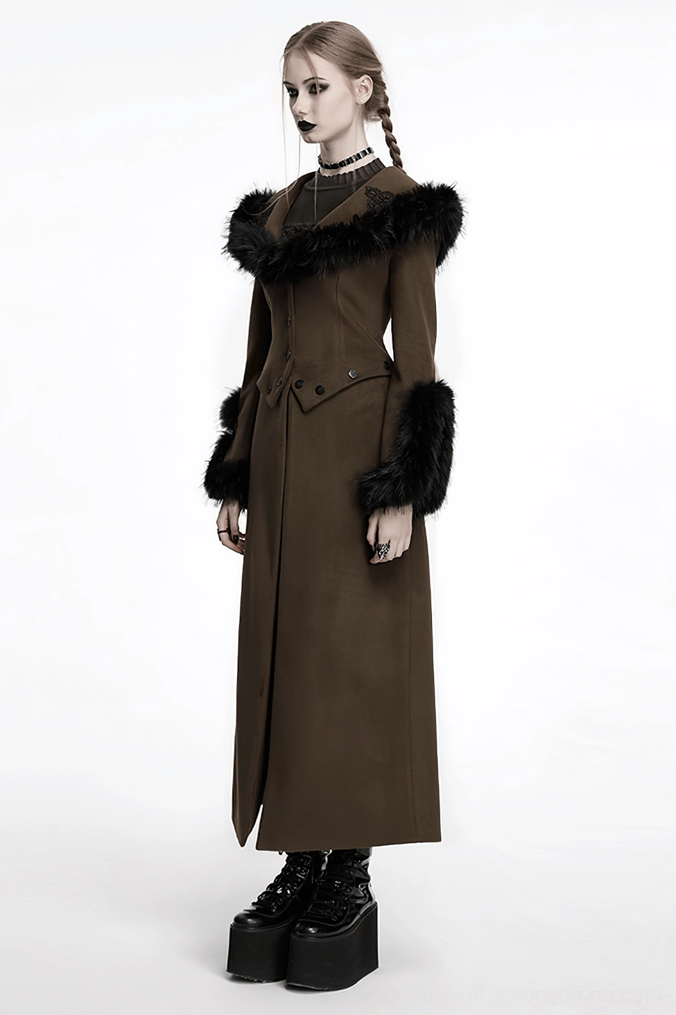 Model wearing gothic wool coat styled with dark aesthetic clothing and gothic accessories