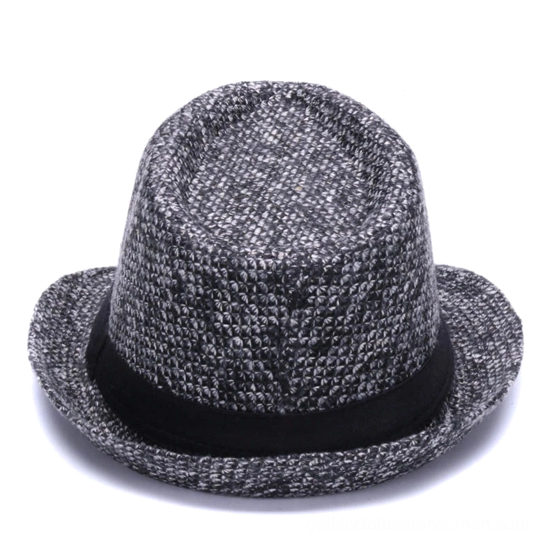 Gothic wool fedora hat front view showcasing structured crown and black ribbon hat band detail