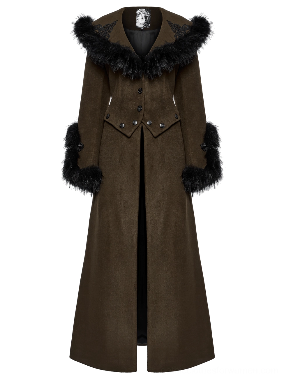 Flat lay front view of floor-length gothic wool overcoat with detachable waist belt and faux fur trims