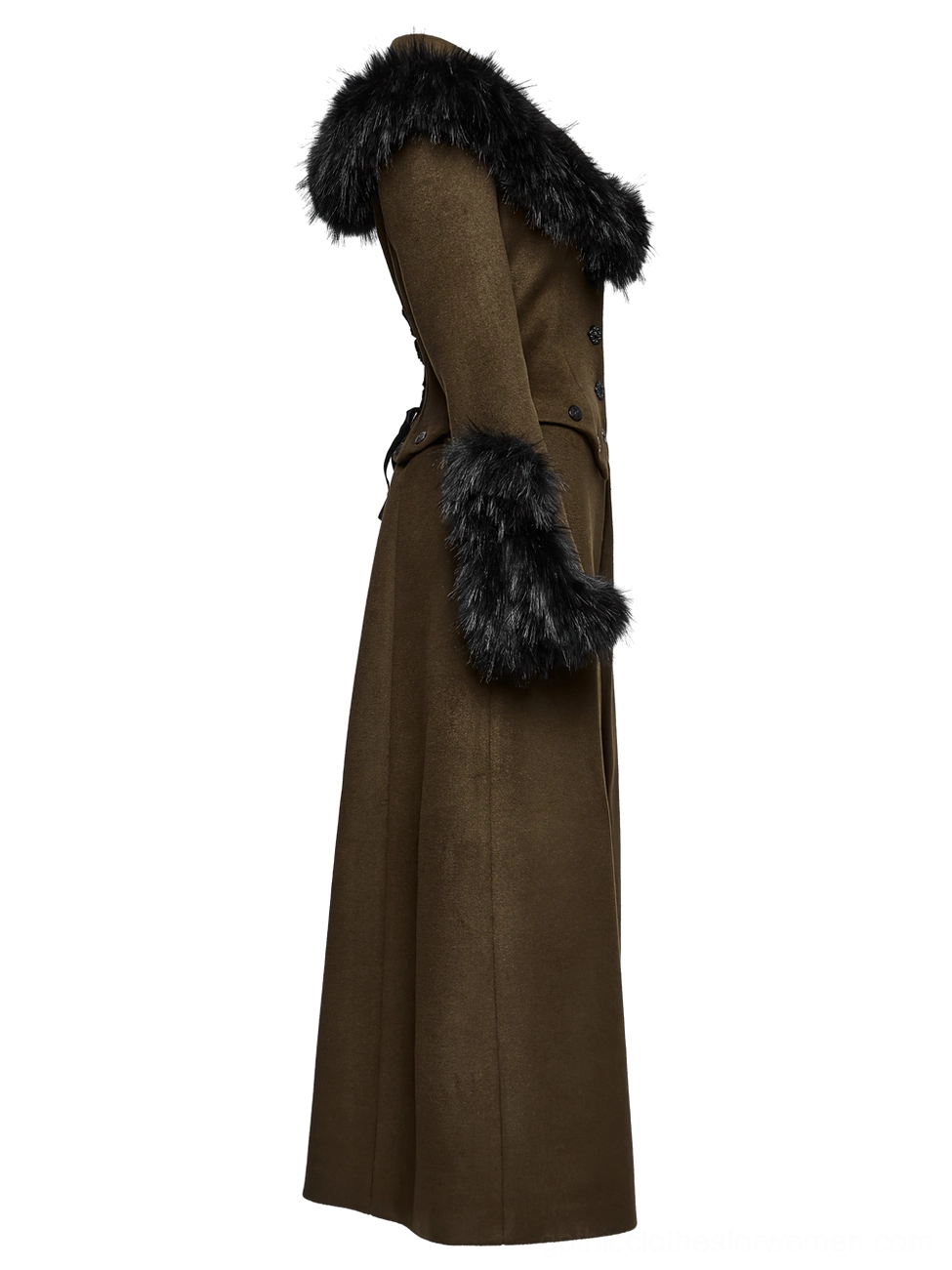 Side profile of gothic wool overcoat showing silhouette, fur collar, and coordinating belt detail