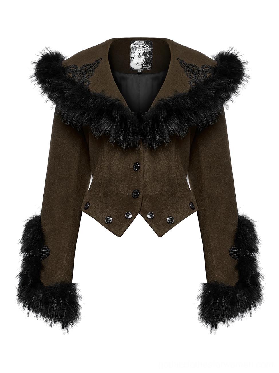 Front flat lay of short detachable gothic wool jacket with fur collar and button front closure