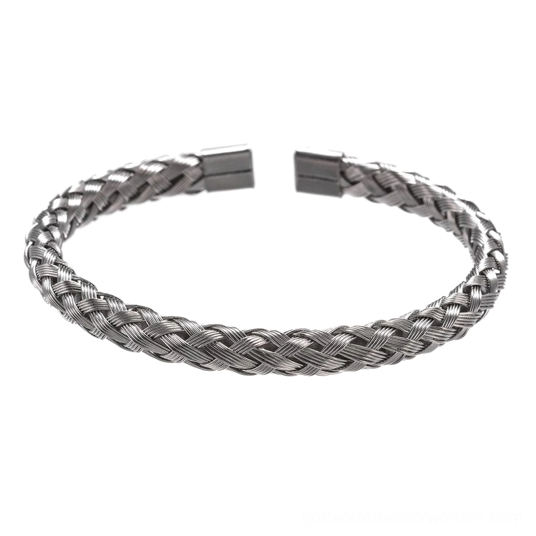 Side view of woven stainless steel open cuff gothic bracelet with twisted cable design, silver finish luxury metal bangle detail