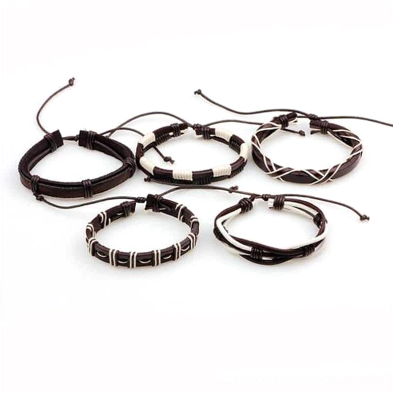 Top-down view of circular brown and white woven leather bracelets with adjustable drawstrings, gothic rope chain design details