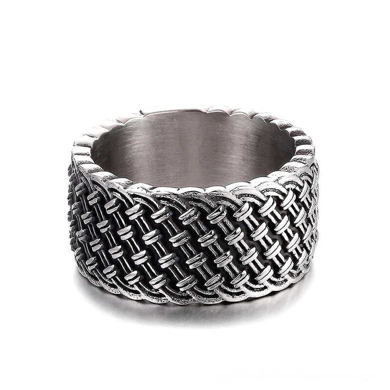 Wide woven stainless steel gothic ring front close-up with detailed braided texture and darkened tonal details
