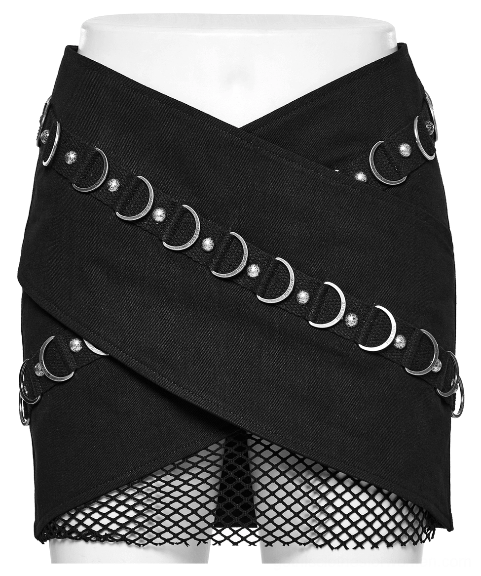 Black gothic mini skirt side view mannequin display showing crescent metal belt and functional pockets