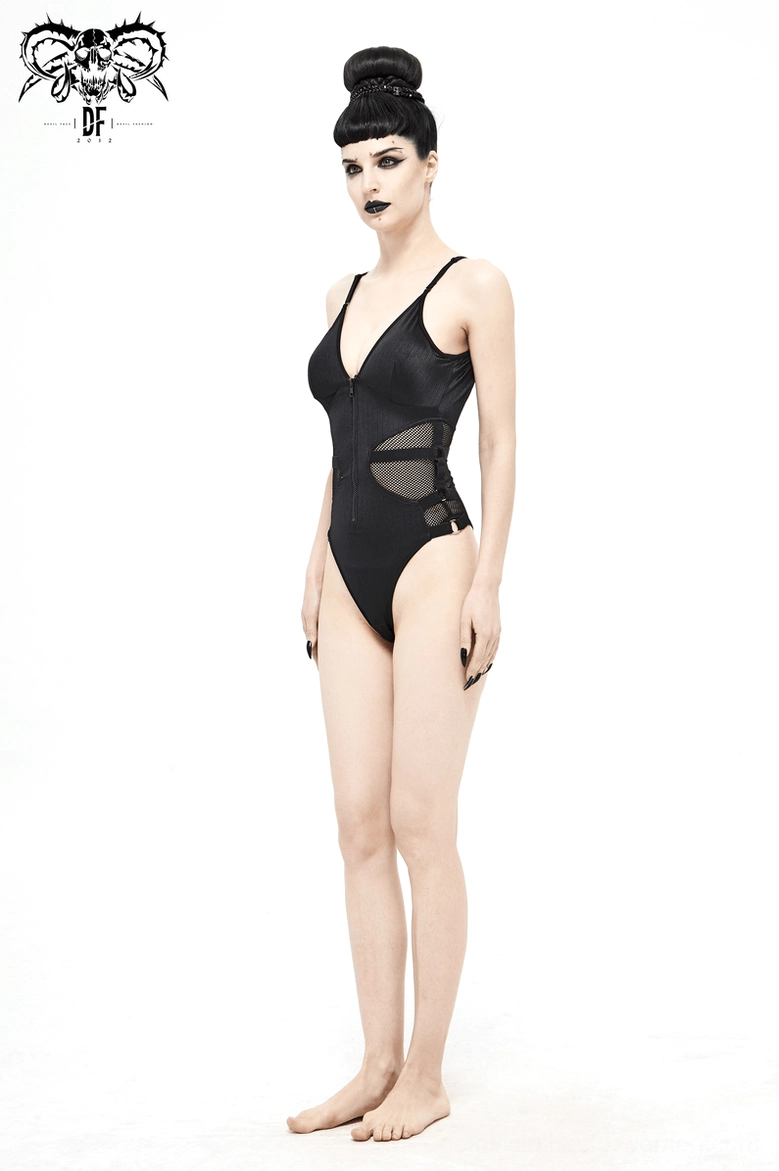Model wearing black mesh cutout gothic zipper swimsuit full body front view with brand studio background
