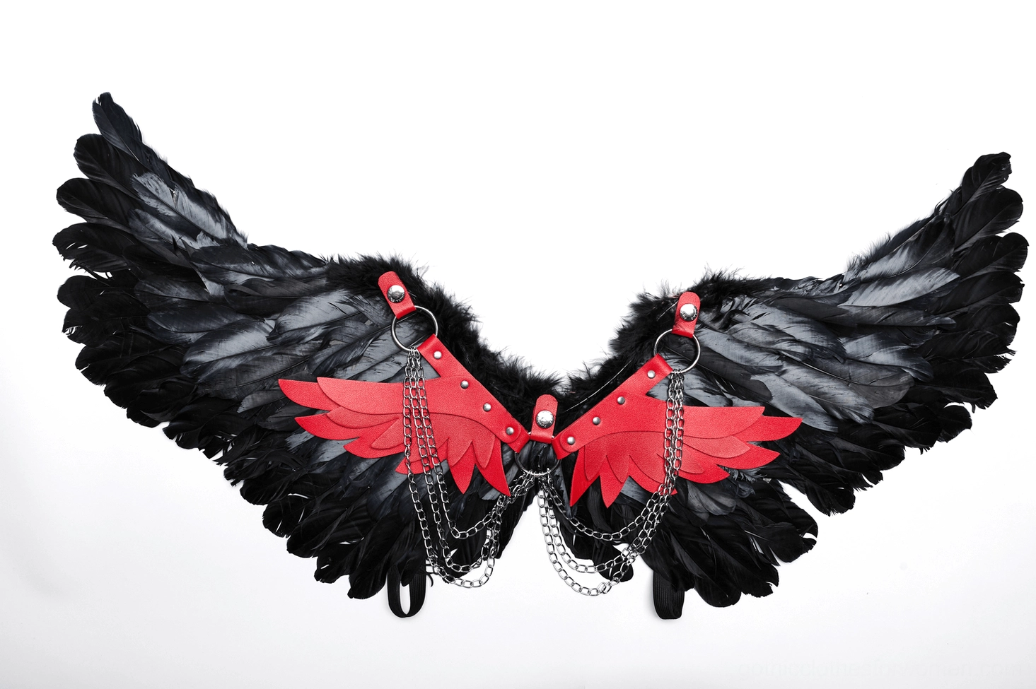Gradient black feather demon wing harness plain styling on mannequin without embellishments