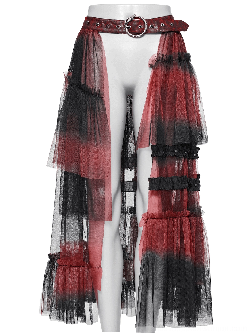 Red-black gradient tulle gothic half skirt side profile view showcasing layered hem construction
