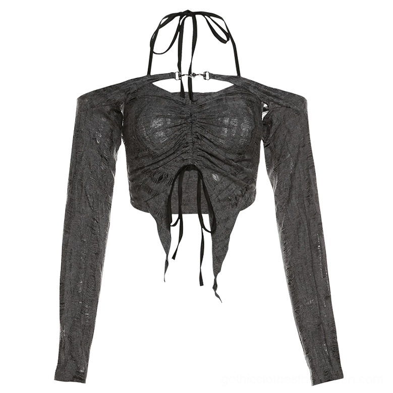 Flat lay product shot of gray distressed halter crop top with drawstring hem and long fitted sleeves, front view - gothic edgy top detail