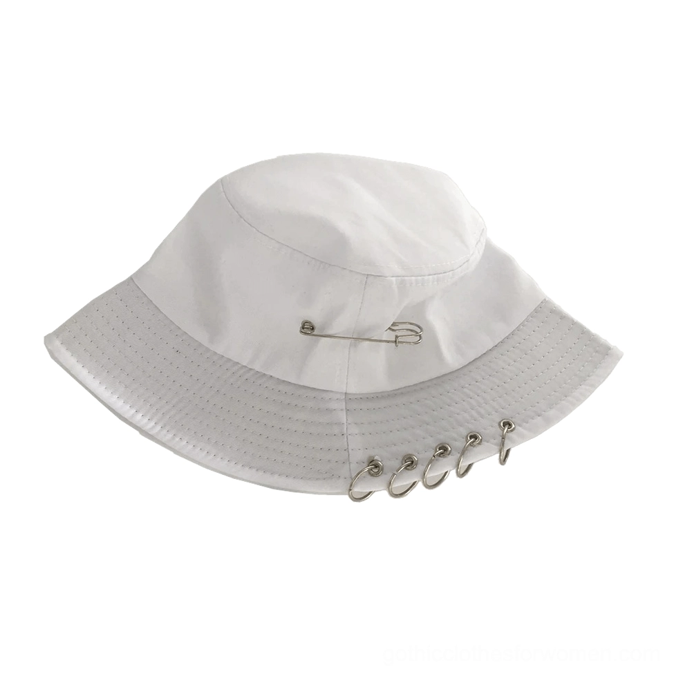 Gray gothic metal-decorated bucket hat with cotton fabric and safety pin ring trims, front side view