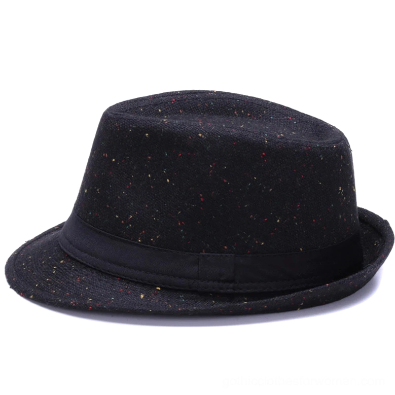 Gray gothic fedora hat front view featuring wide brim construction and structured crown silhouette