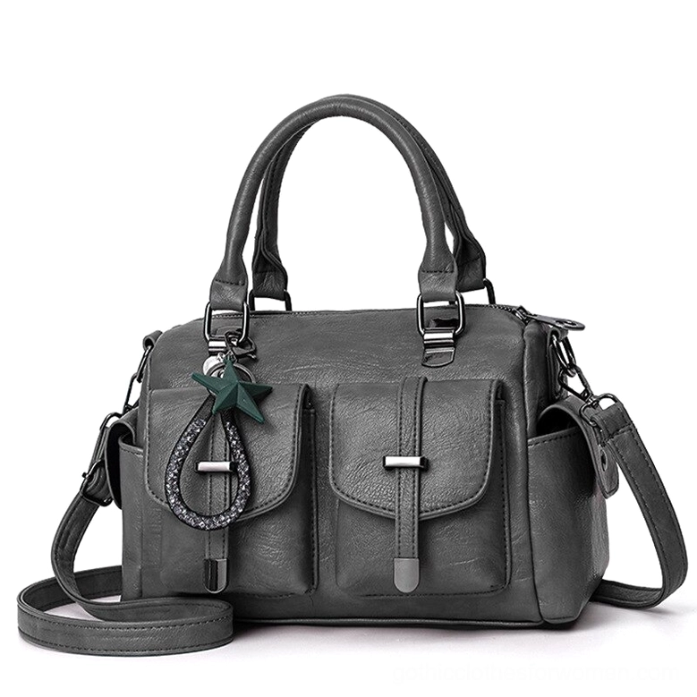Dark gray PU leather gothic star pendant handbag with adjustable shoulder strap and interior compartments