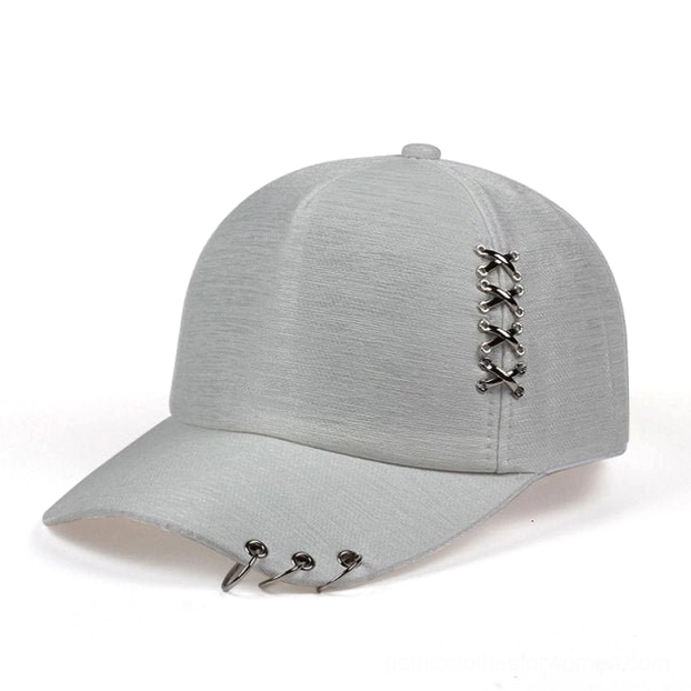 Gray gothic metal ring baseball cap with silver ring decorations on brim