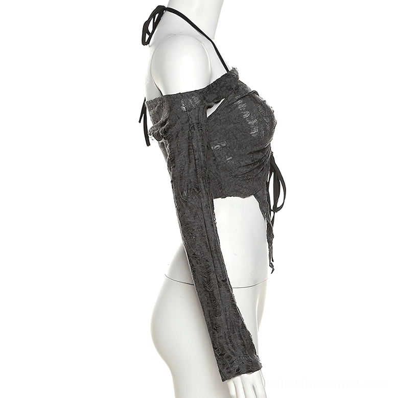 Side view of gray distressed halter crop top with asymmetric hemline and fitted long sleeves on mannequin - gothic crop top architecture