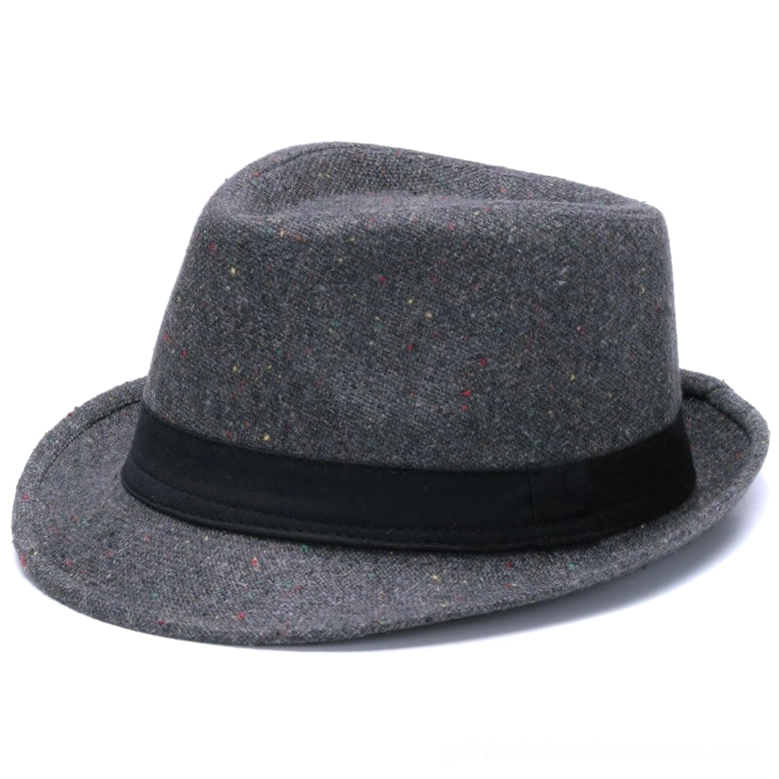 Gray heathered felt gothic fedora hat with structured crown, wide brim, and black ribbon band