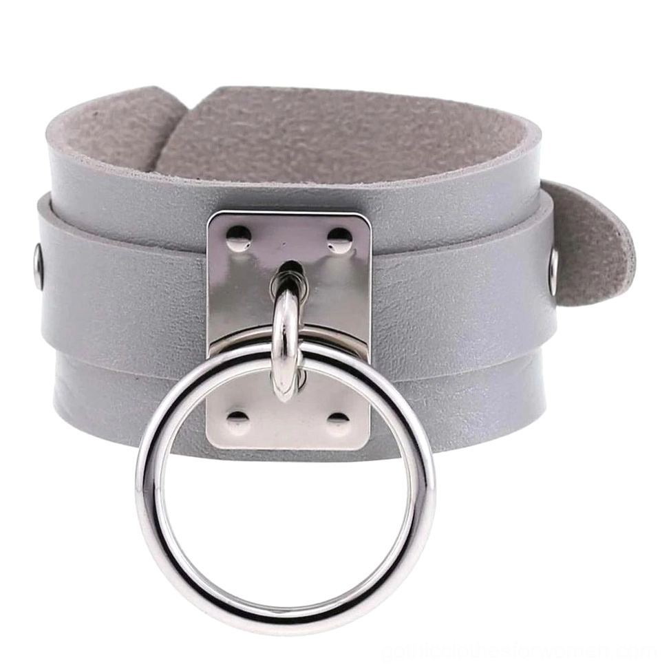Gray leather gothic cuff bracelet with silver metal accents, minimalist dark fashion jewelry