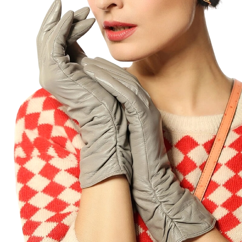 Gray genuine leather gothic gloves with gathered wrist detail and velvet lining