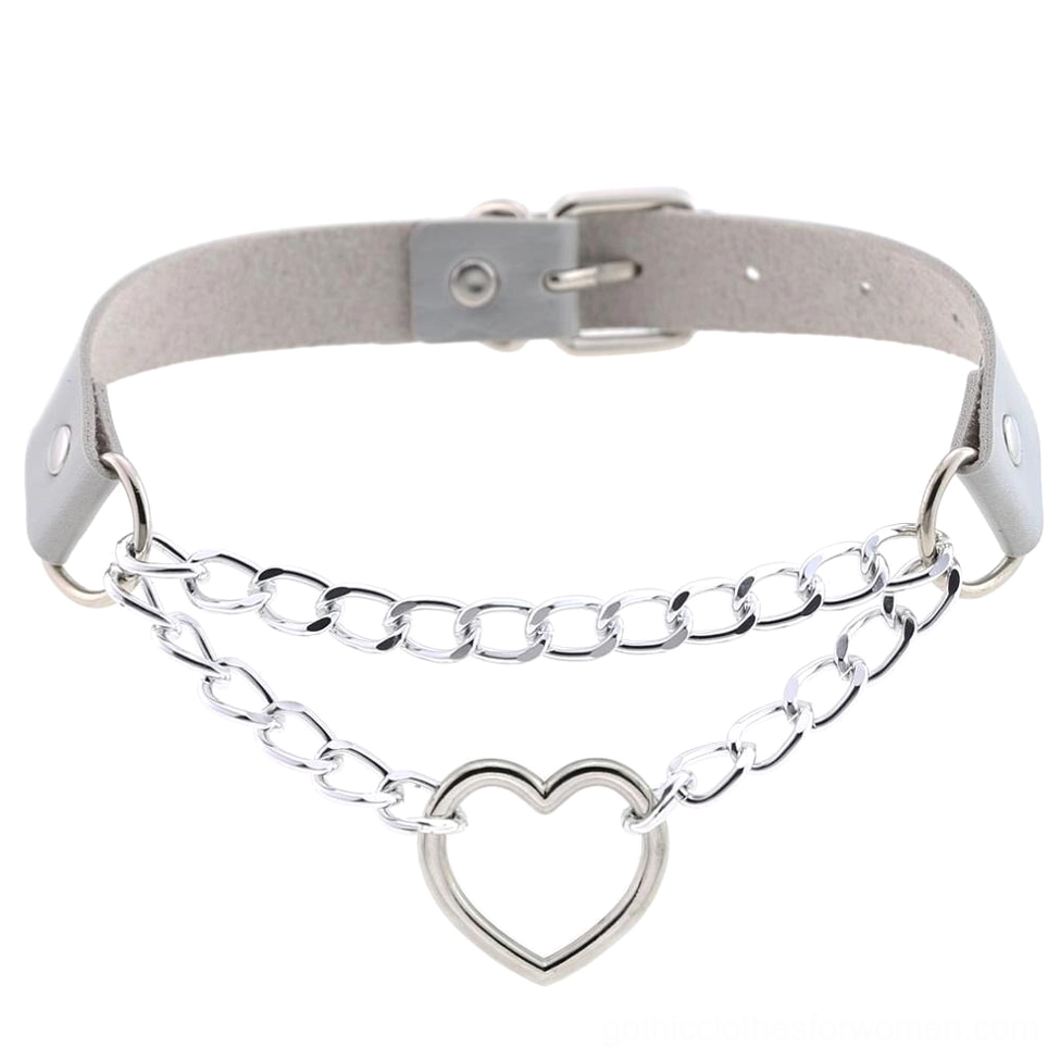 Light gray PU leather heart choker with silver chains - gothic punk pendant necklace