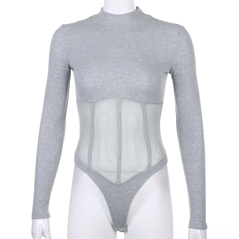 Gray mesh panel bodysuit with high-cut silhouette - mannequin side view showing sheer torso design