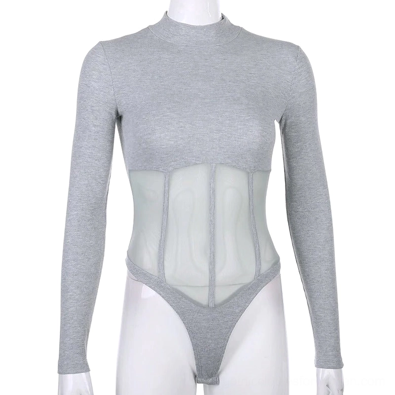 Gray mesh long sleeve bodysuit with mock neck and slim ribbed fit - mannequin front view gothic